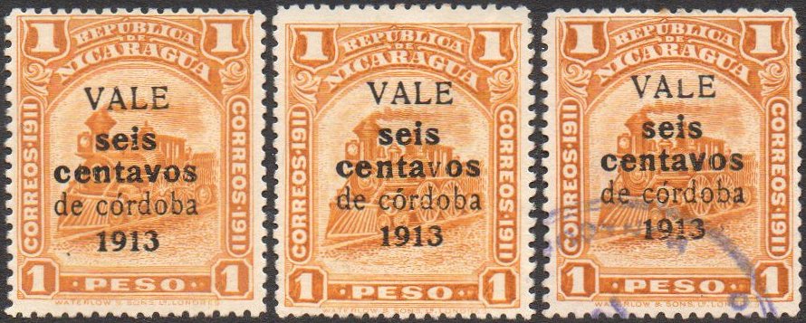 Nicaragua stamps 1913 surcharges Locomotive 6c / 1 Peso Large and small v in 'centavos'